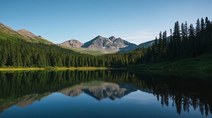 Fototapeta premium Serene Mountain Lake Reflection: A Pristine Wilderness Panorama