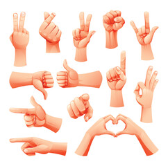 Hand gestures and signs such as peace, fist, pointing, and love. Vector cartoon illustration