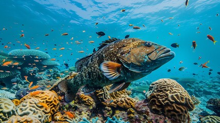 Fototapeta premium An impressive, large grouper gracefully swims above a vibrant coral reef teeming with small fishes.