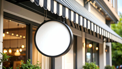 Empty round signboard mockup hanging on storefront facade with black and white striped awning and cozy interior lights.