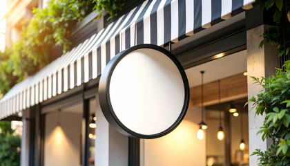 Modern storefront with hanging round signboard mockup, striped awning detail, and warm illuminated interior setting.