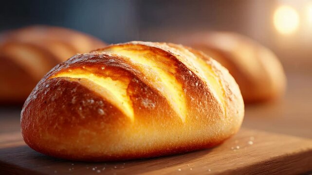 Golden Artisan Loaf: Close-up shot of a freshly baked golden artisan loaf of bread, exquisitely lit, resting on a wooden board with blurred loaves in the background.