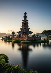 Obraz premium Serene Ulun Danu Temple: Balinese Pagoda's Peaceful Dawn Reflection