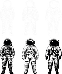 Illustration of astronaut in spacesuit in various stages of completion