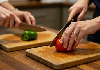 Obraz premium Two people are preparing a meal together, chopping vegetables with sharp knives on wooden boards.