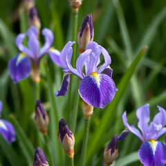 marshy Iris: flower and buds on the background from green leaves