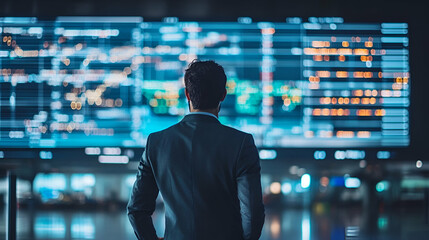 Businessman Analyzing Data on Large Digital Screen at Night