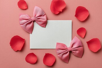 Embellished Love Letter: Soft pink bow accents and scattered rose petals create a delicate and romantic frame around a blank card on a coral background.