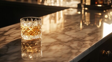 Golden Hour Whiskey on Marble Bartop