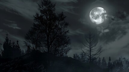 Full Moon Shining Above Dark Forest Trees Silhouettes with Dramatic Cloudscape
