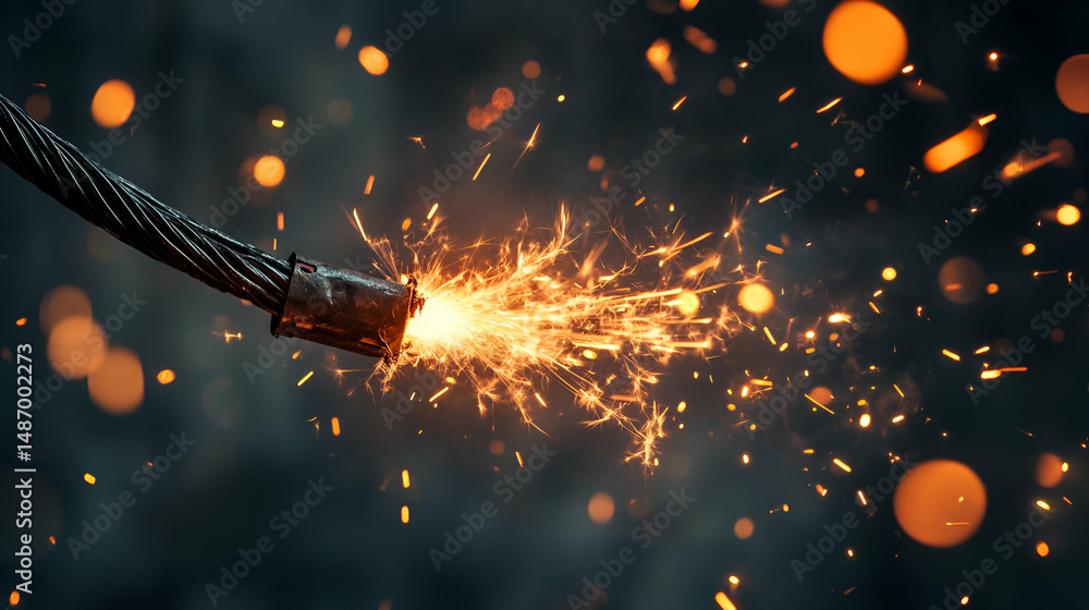 Poster close-up of burning wire with sparks and orange bokeh background