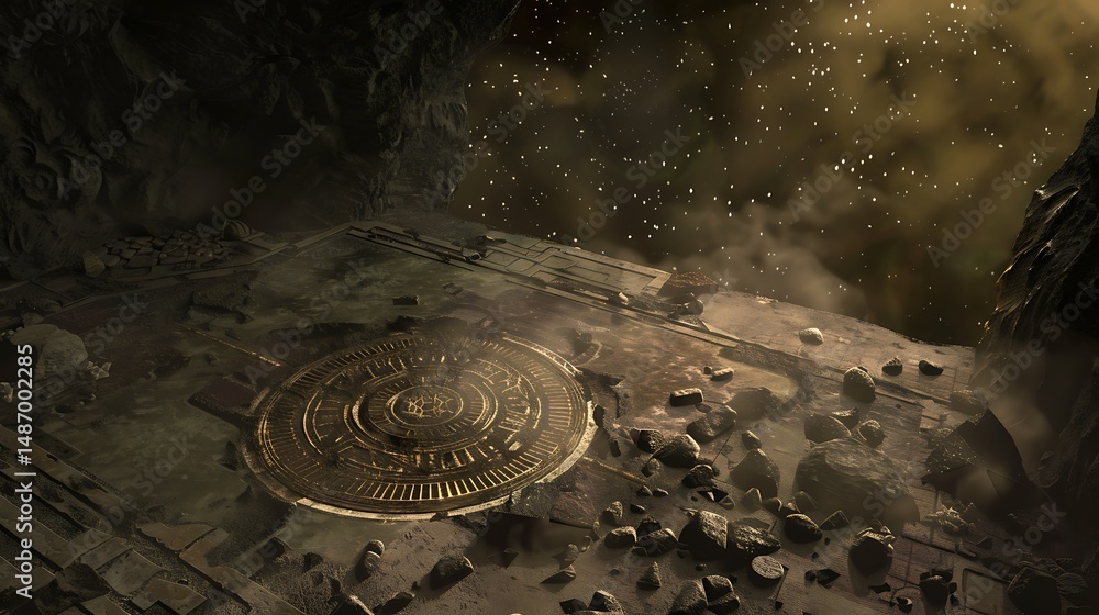 Poster futuristic abstract structure on planetary surface with glowing details in a dark space