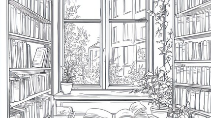 Fototapeta premium Library corner, window view, books, peaceful scene. Stock photo