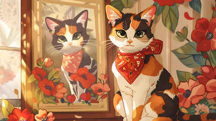 A Cute calico cat with green eyes and a red bandana