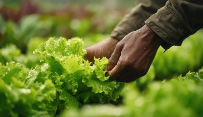 Hands tending to fresh green lettuce in a garden.