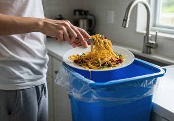 Someone throws away a plate of cooked spaghetti with vegetables in a kitchen setting near a sink.