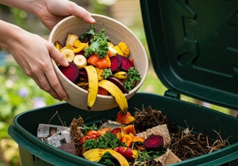 Hands pouring kitchen scraps into a composting bin to create nutrient-rich soil and reduce waste.