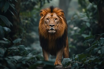 Majestic African Lion Walking Through Lush Green Jungle Foliage