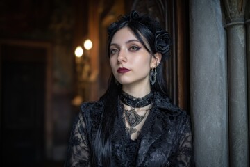 Young woman in gothic attire with roses in her hair.