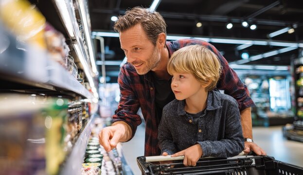 Father and son shopping together in a supermarket. - Powered by Adobe