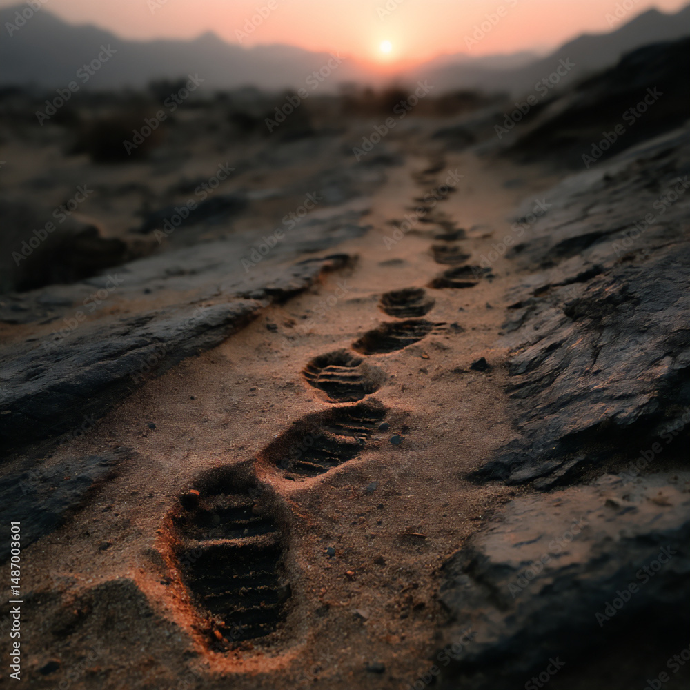Poster conceptual photograph of footprints leading from a marked starting point on a sandy surface towards