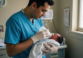 A kind healthcare professional feeding a newborn baby in a hospital, a tender moment.