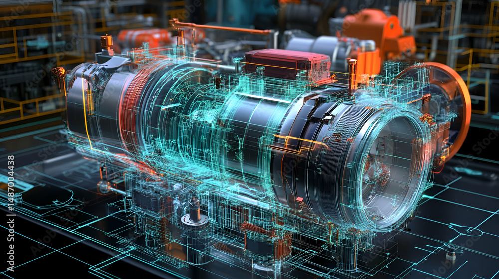 Poster detailed 3d model of a complex engine with cyan digital data overlay