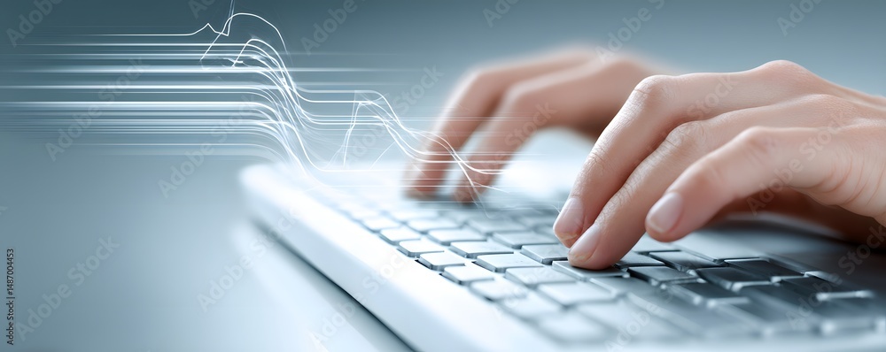 Poster a close-up view of hands typing on a sleek keyboard, overlaid with a digital display showing the yea