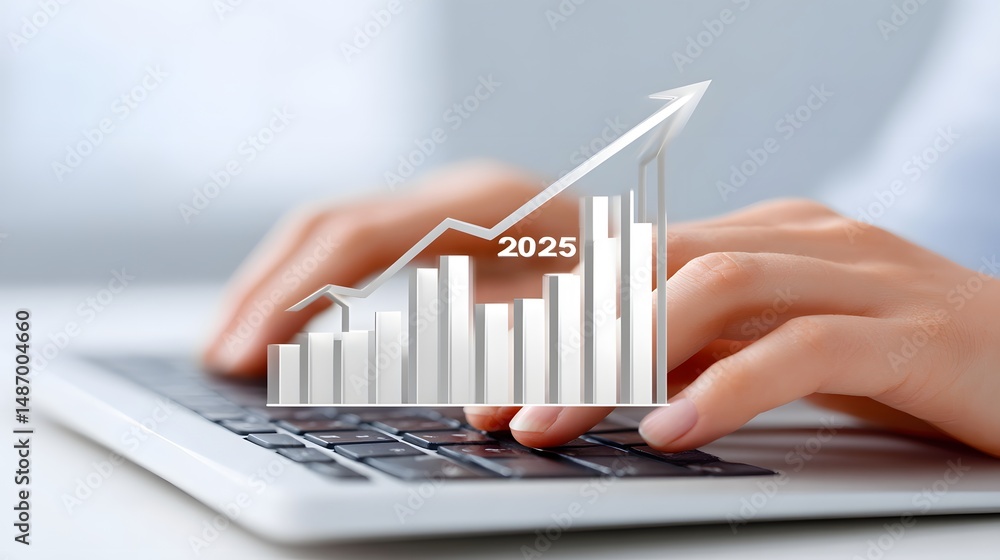 Poster hands of a person typing on a keyboard, with a digital overlay displaying the year 2025 and real-tim