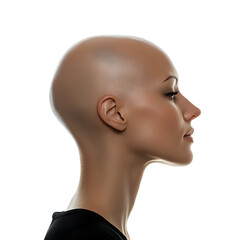 Profile shot of a bald woman head, side view, isolated on white or transparent background 