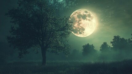 Enigmatic moonlight over a foggy meadow with silhouette of trees and stars