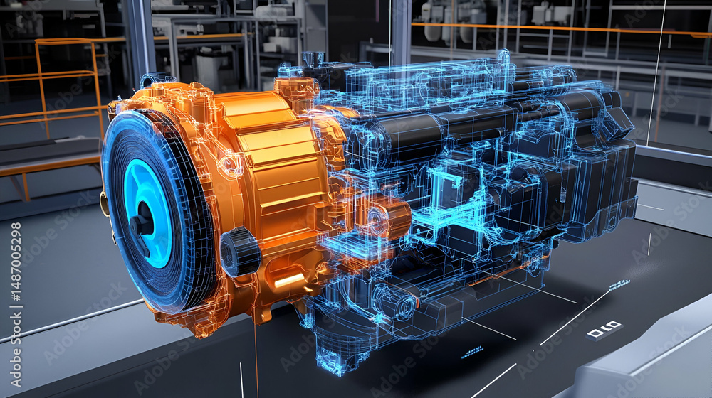 Poster digital model of an orange and blue engine in a factory setting