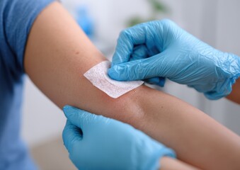Healthcare professional applying a bandage on a patient's arm.