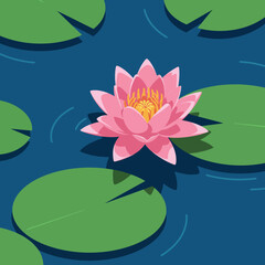 Pink Water Lily Flower with Green Lily Pads Floating on Blue Pond Vector Illustration 
