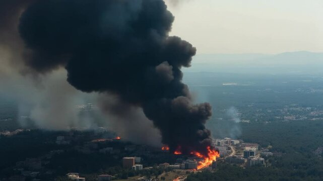 Aerial view black smoke release due to fire burning