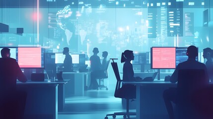 Silhouetted figures in a futuristic server room.