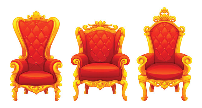 Set of golden throne chair with red cushion, wide arms and tall backrest in vintage style. Vector cartoon illustration