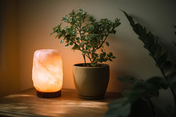 Indoor plant beside softly glowing therapy lamp in a calm minimalist space symbolizing healing light and seasonal emotional wellness
