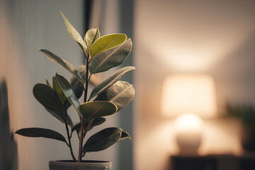 Indoor plant beside softly glowing therapy lamp in a calm minimalist space symbolizing healing light and seasonal emotional wellness
