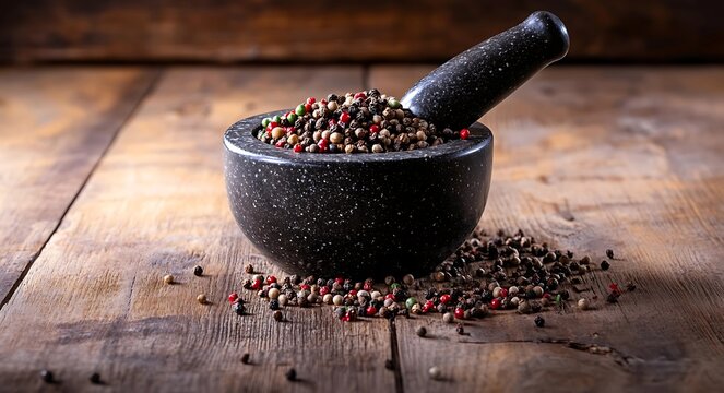 Rustic kitchen scene with mortar and pestle crushing colorful mixed peppercorns on a wooden countertop.