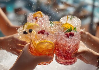 Refreshing iced cocktails with fruit garnishes raised in a toast.