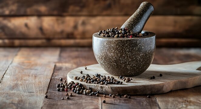 Rustic kitchen countertop with mortar and pestle crushing mixed peppercorns, showcasing traditional spice preparation.