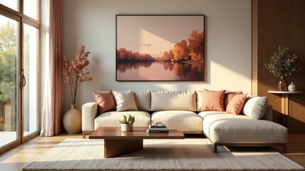 Serene autumnal landscape artwork adorns a sunlit living room, showcasing a plush sectional sofa with warm-toned throw pillows, complemented by a low wooden coffee table and stylish home decor