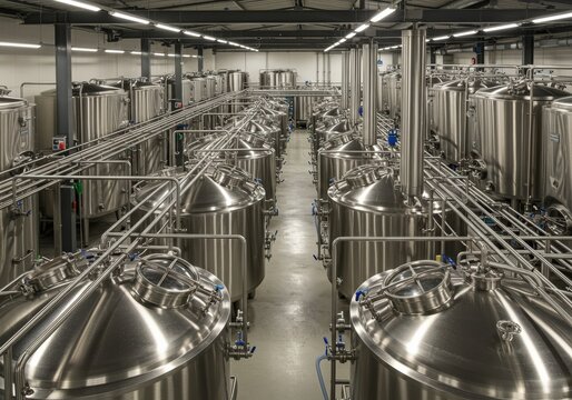 Inside a modern brewery, rows of stainless steel tanks showcase large-scale beer production.