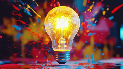 Creative concept light bulb explodes with colorful water colors on a light blue background. Think different, creative idea. Productivity and creativity - Powered by Adobe