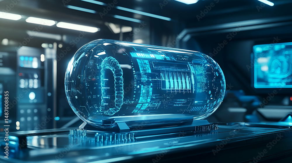Poster futuristic blue capsule with holographic data interface in a sleek tech lab