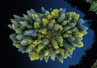 Naklejka premium Aerial view of lush forest island on calm dark water.