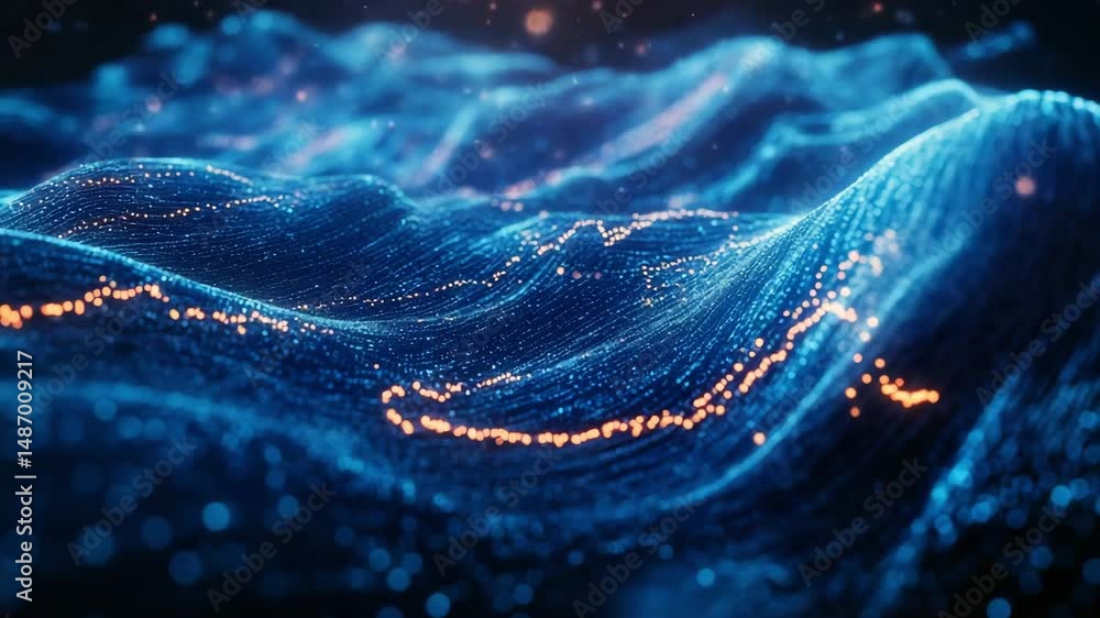 Poster a digital rendering of a blue wave of particles on a dark background.
