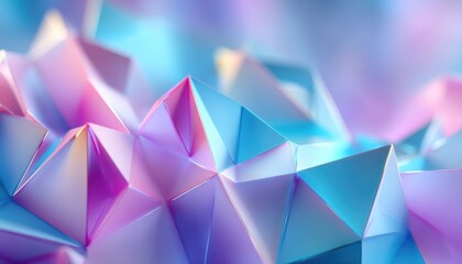 Abstract geometric shapes with pastel gradients, featuring sharp triangular facets in pink, blue, and purple hues, creating a futuristic and vibrant digital landscape.