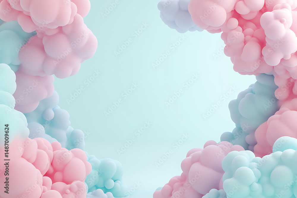 Poster soft pastel-colored clouds create an inviting archway in a serene, minimalist setting